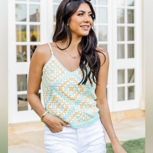 Pink Lily Little Less Conversation Mint Lined Crochet Tank Size XL Spring